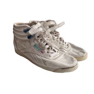 Retro Reebok white high top sneakers laced Velcro tabs women size 8.5 shoes